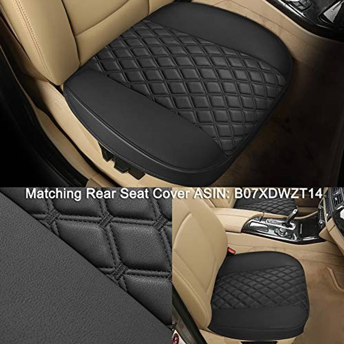 Black quilted seat protector installed on car seat with side pocket cutout