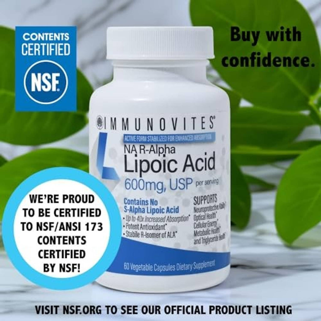 Immunovites NaR-Alpha Lipoic Acid bottle with NSF certification badges and contents claim