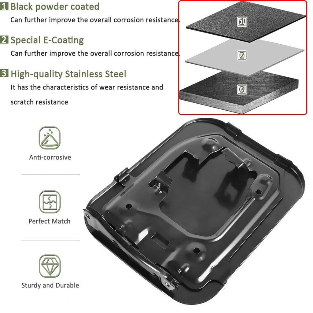 Black fuel door cover with glossy finish and underside mounting tabs