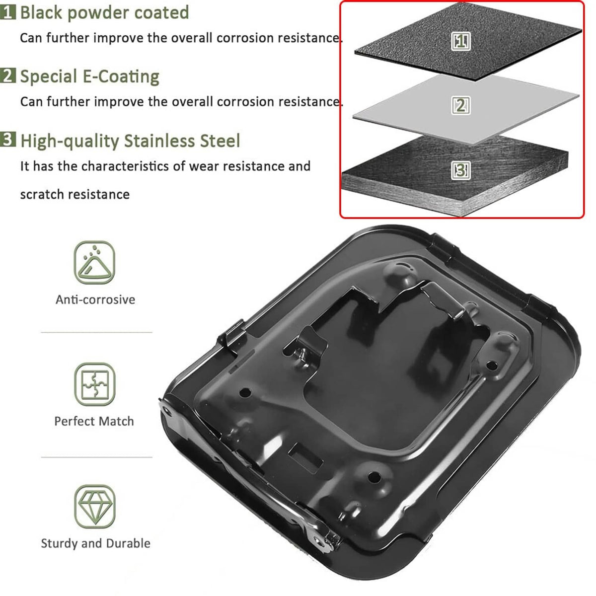 Black fuel door cover with glossy finish and underside mounting tabs
