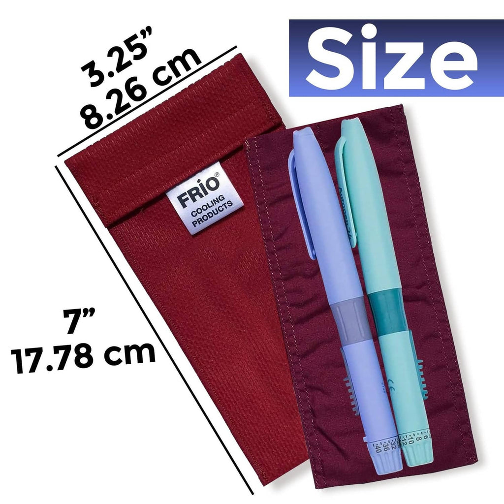 Red FRIO cooling wallet with size markings and blue/teal inserts in pouch
