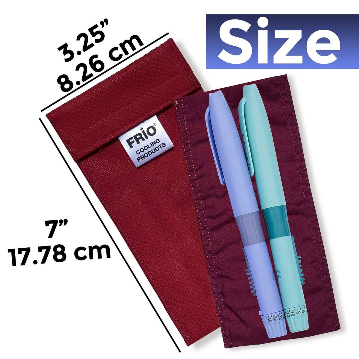 Red FRIO cooling wallet with size markings and blue/teal inserts in pouch
