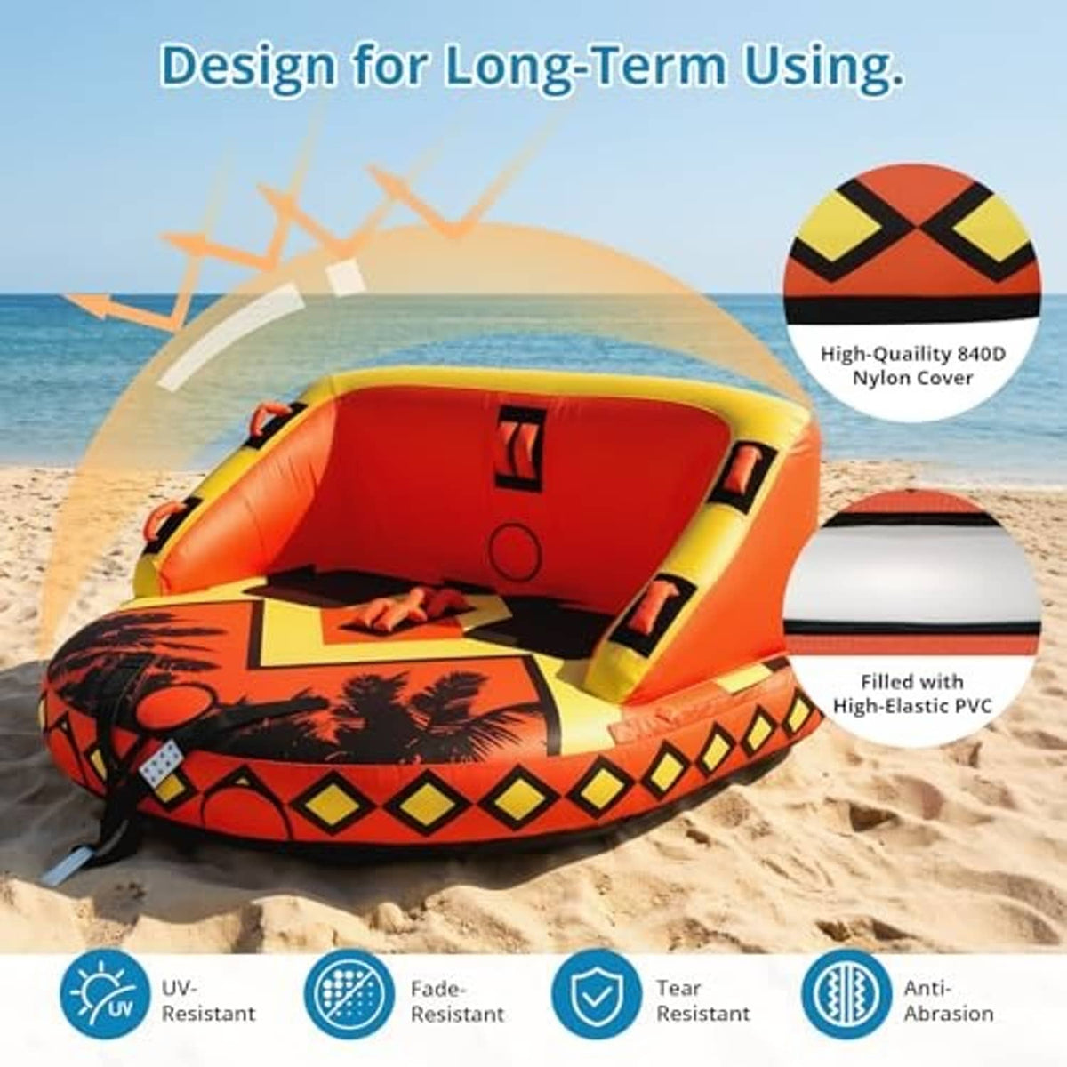 Orange inflatable tow tube with black palm-pattern base and durable nylon cover detail