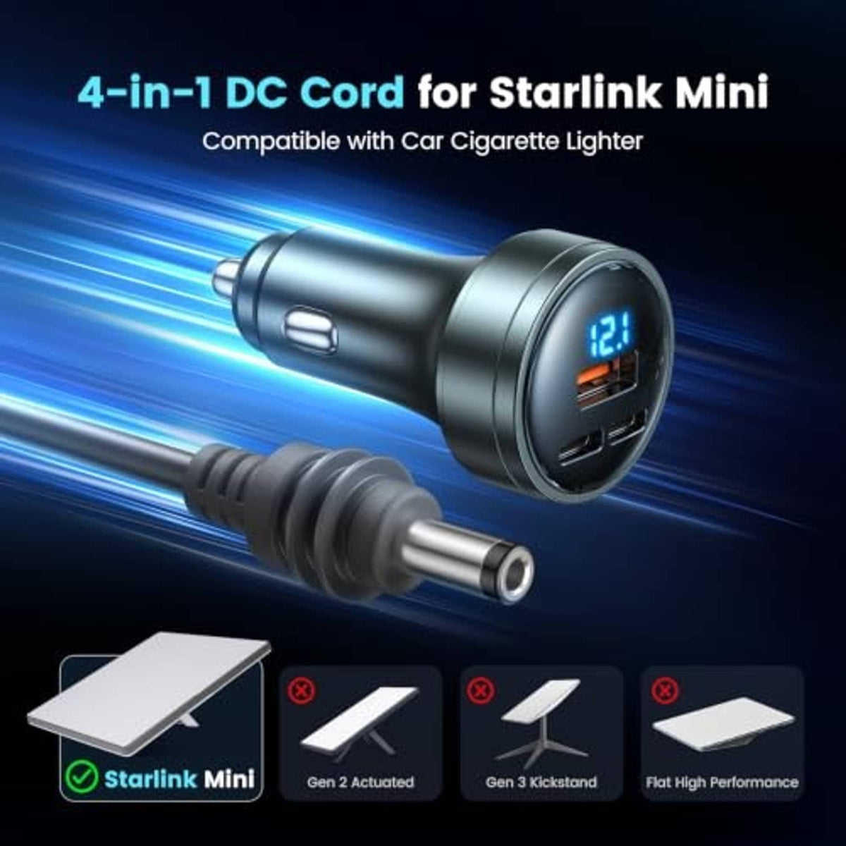 Car DC adapter with glowing voltage display and cigarette-lighter plug on cable