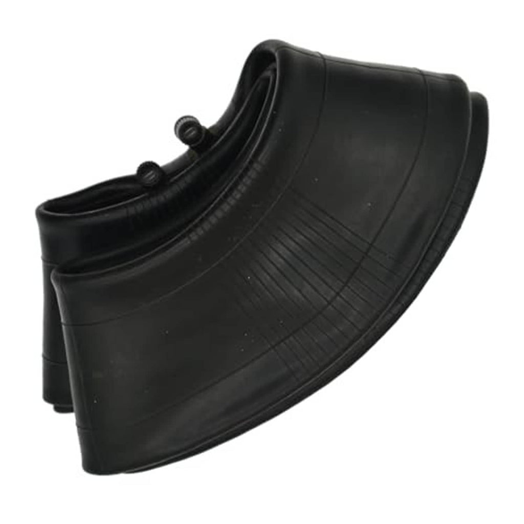 Black inner tube with molded ridges and brass valve stem; curved side view.