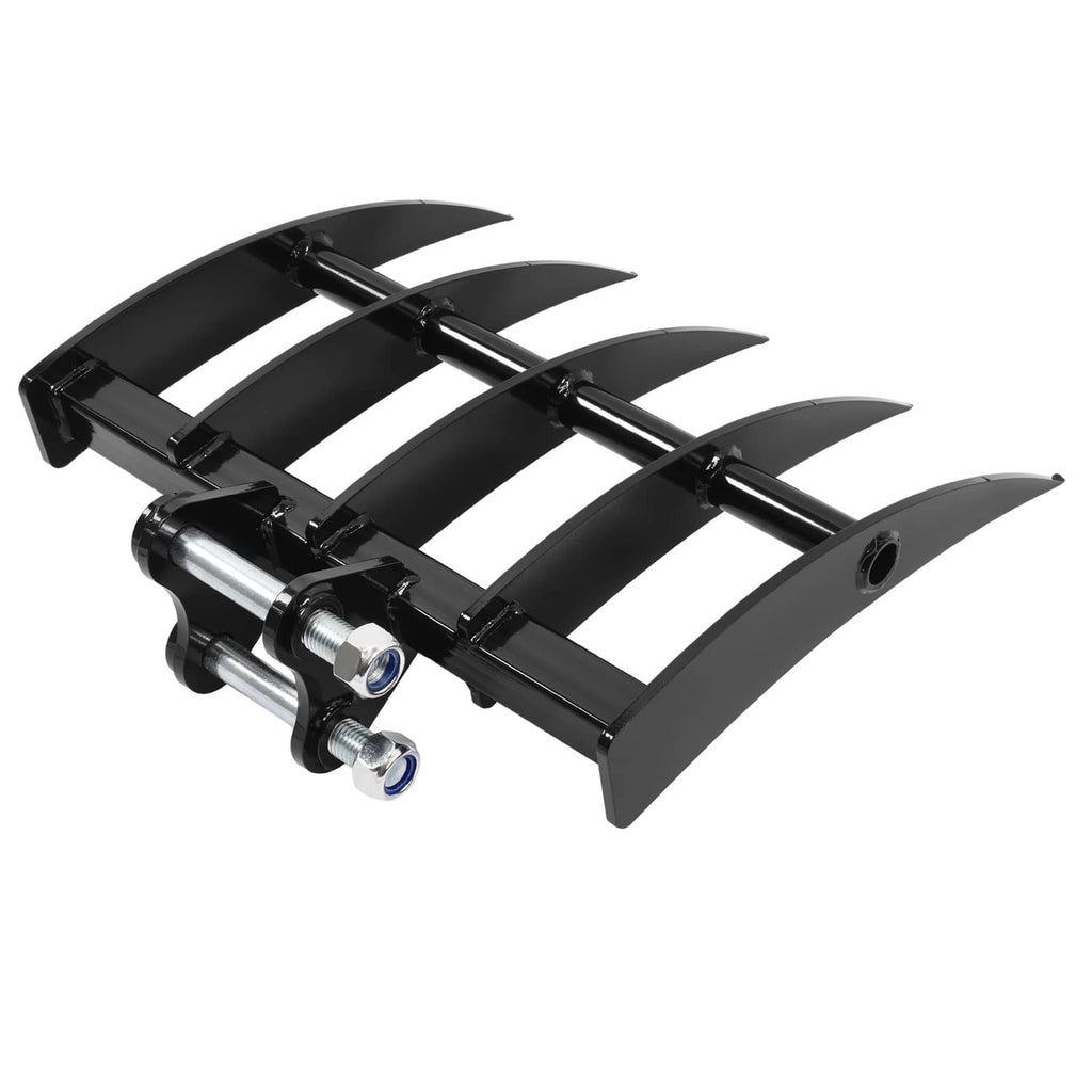 Black five-tooth rake attachment with curved tines and mounting bracket, front view
