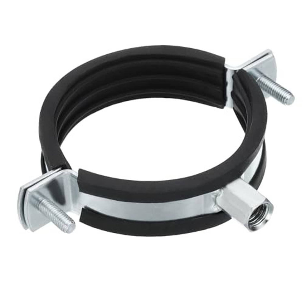 Black rubber-lined split pipe hanger with zinc-plated iron mounting bolts and nuts