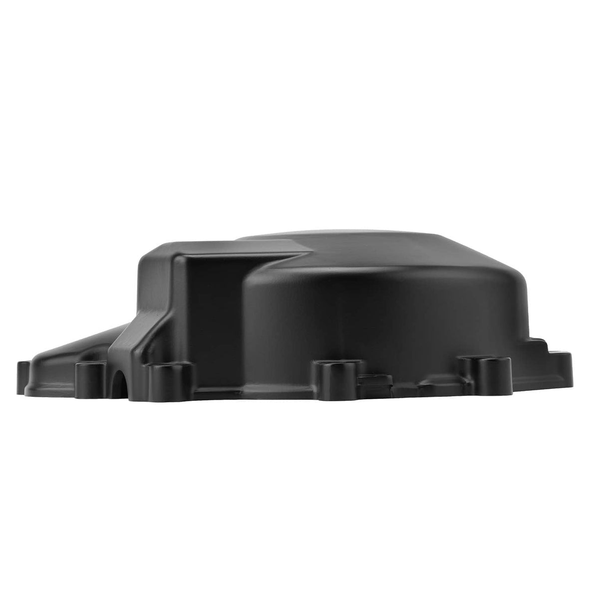 Left engine crankcase stator cover, side profile, black aluminum with mounting tabs