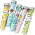 Portable disposable soap confetti tubes, five clear bottles with fruit-themed shapes
