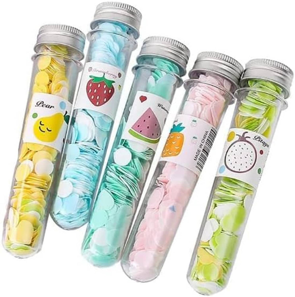 Portable disposable soap confetti tubes, five clear bottles with fruit-themed shapes