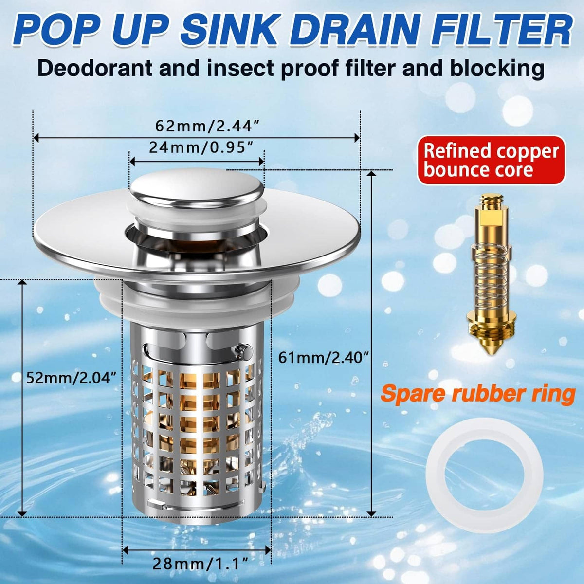Chrome and stainless steel pop-up sink drain filter with copper core basket