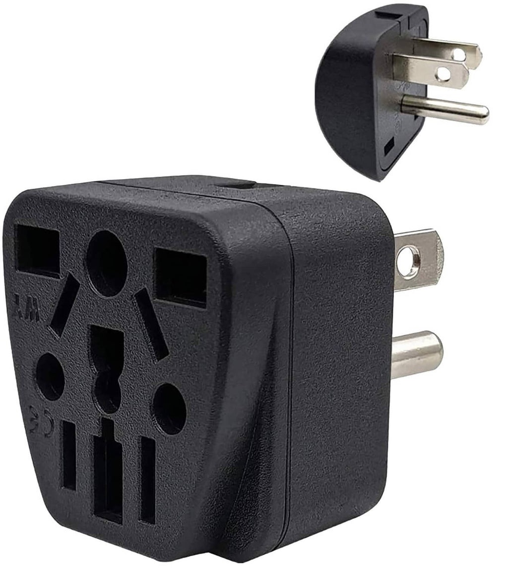 Black travel plug adapter with Type B prongs and multi-outlet face visible