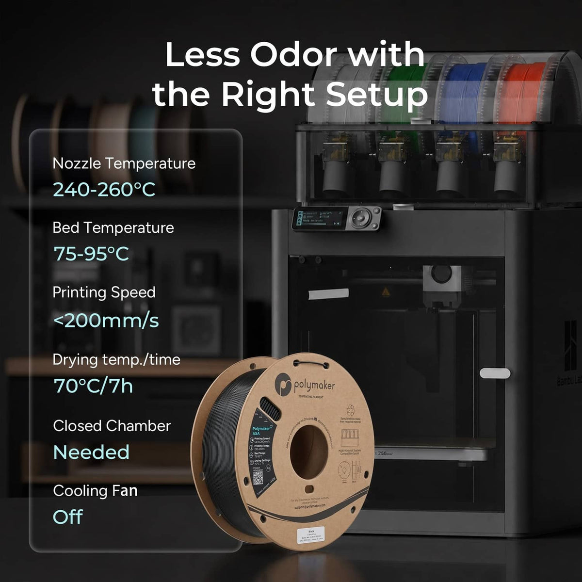 Polymaker ASA filament spool inside a 3D printer enclosure