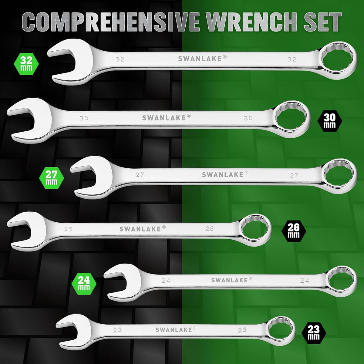 6-piece combination wrench set with chrome wrenches, labeled sizes 32, 30, 27, 24 mm