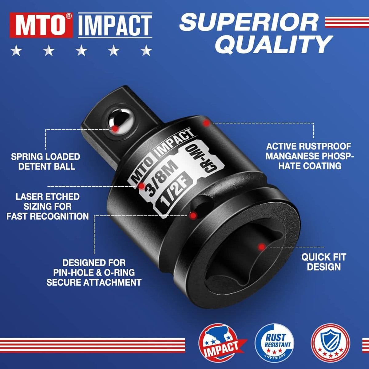 Black MTO IMPACT socket adapter marked 3/8 in male and 1/2 in female