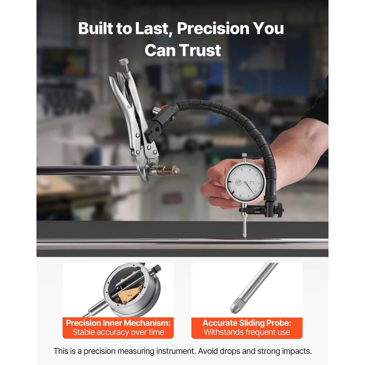 Dial test indicator with flexible gooseneck arm and clamp, dial gauge held near workbench