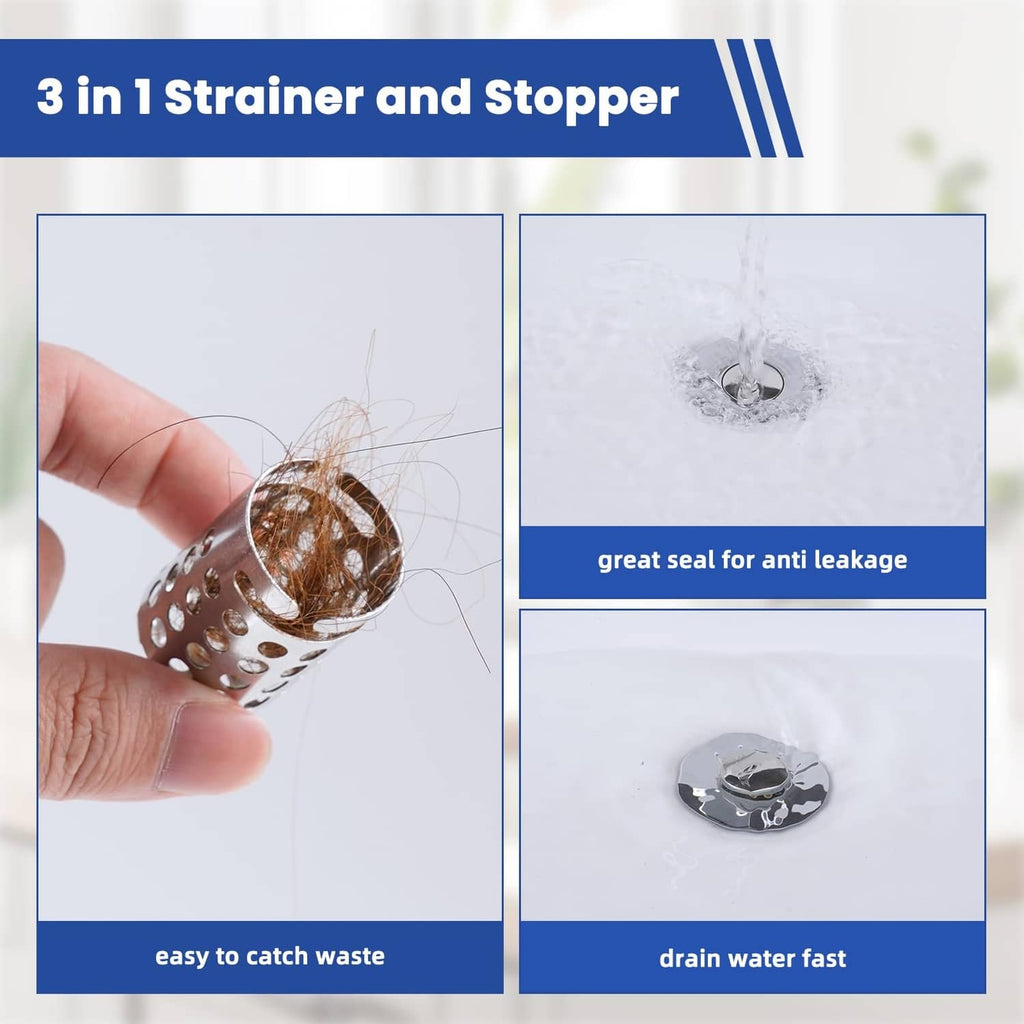Bathroom drain hair strainer with mesh basket, stopper, and fast-draining design