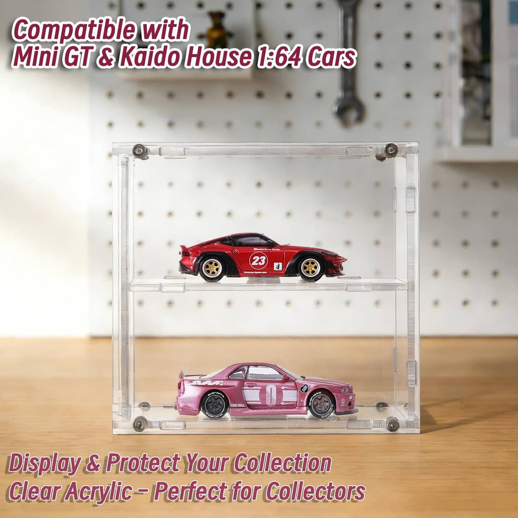 Clear acrylic diecast car display case with two cars on double tiers