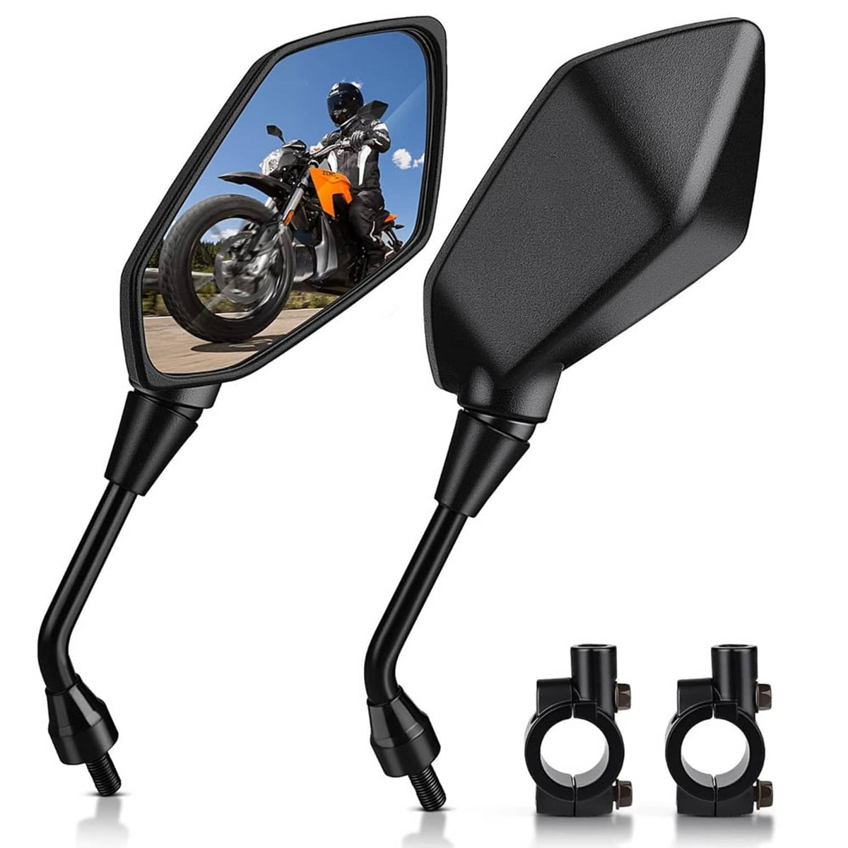 Black motorcycle rearview side mirrors with rectangular convex lenses and bracket clamps