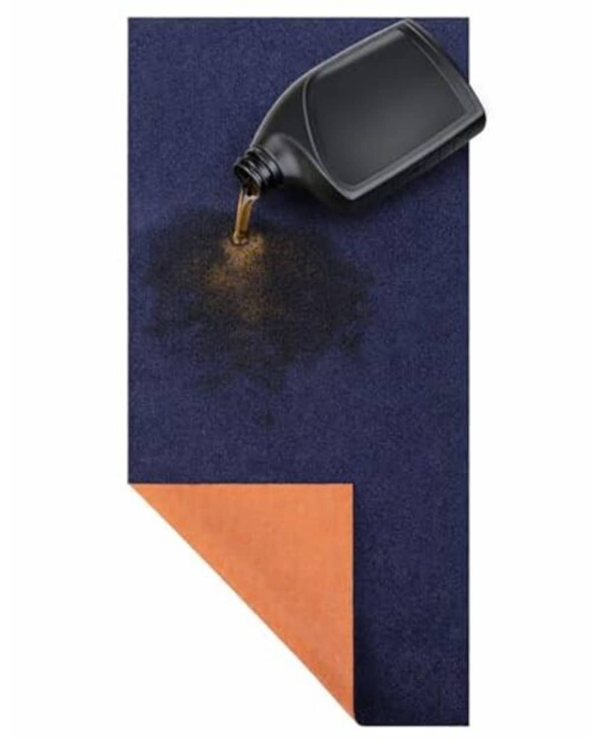 Blue oil change mat with orange absorbent section as oil pours onto the surface