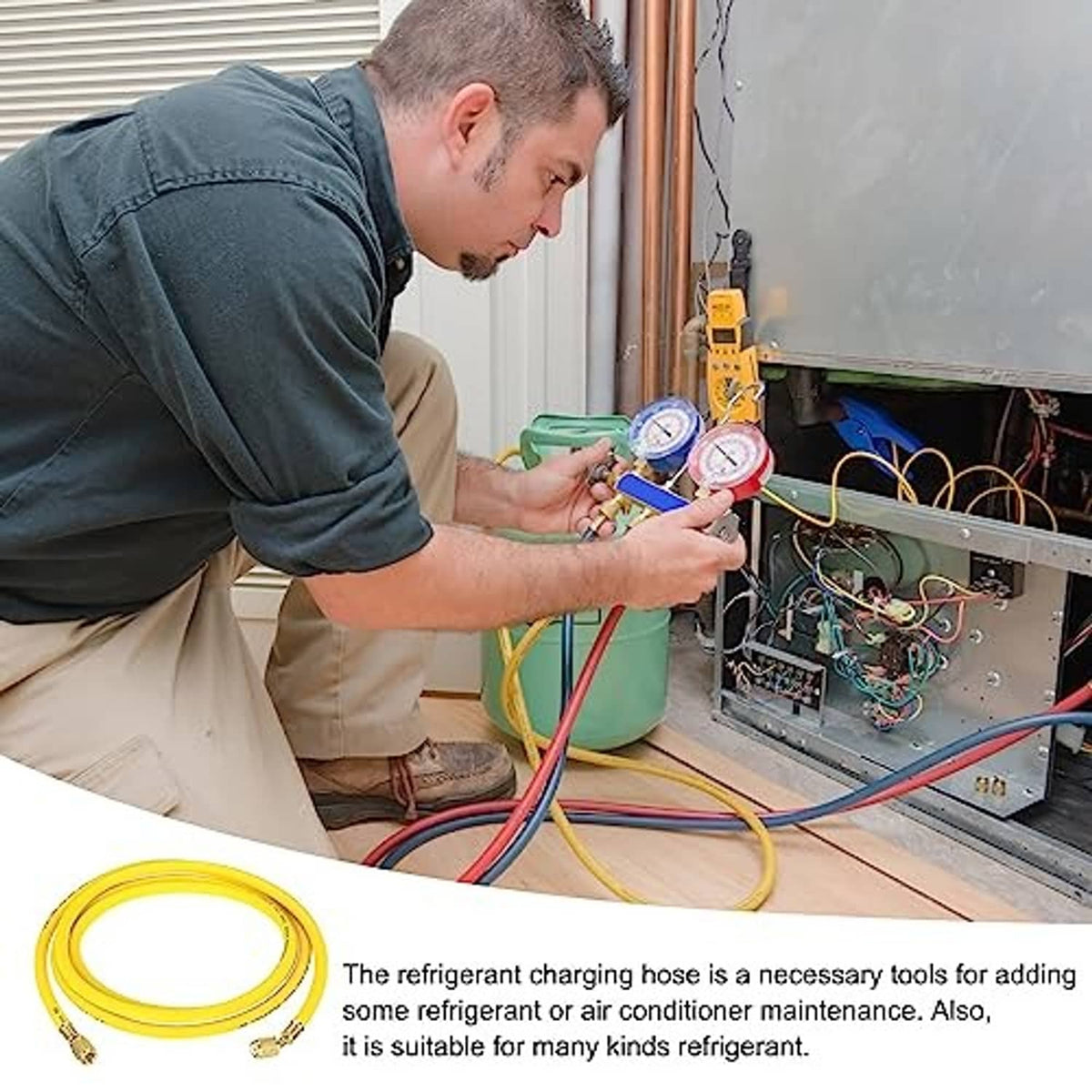Refrigerant charging hose connected to manifold gauges during AC service