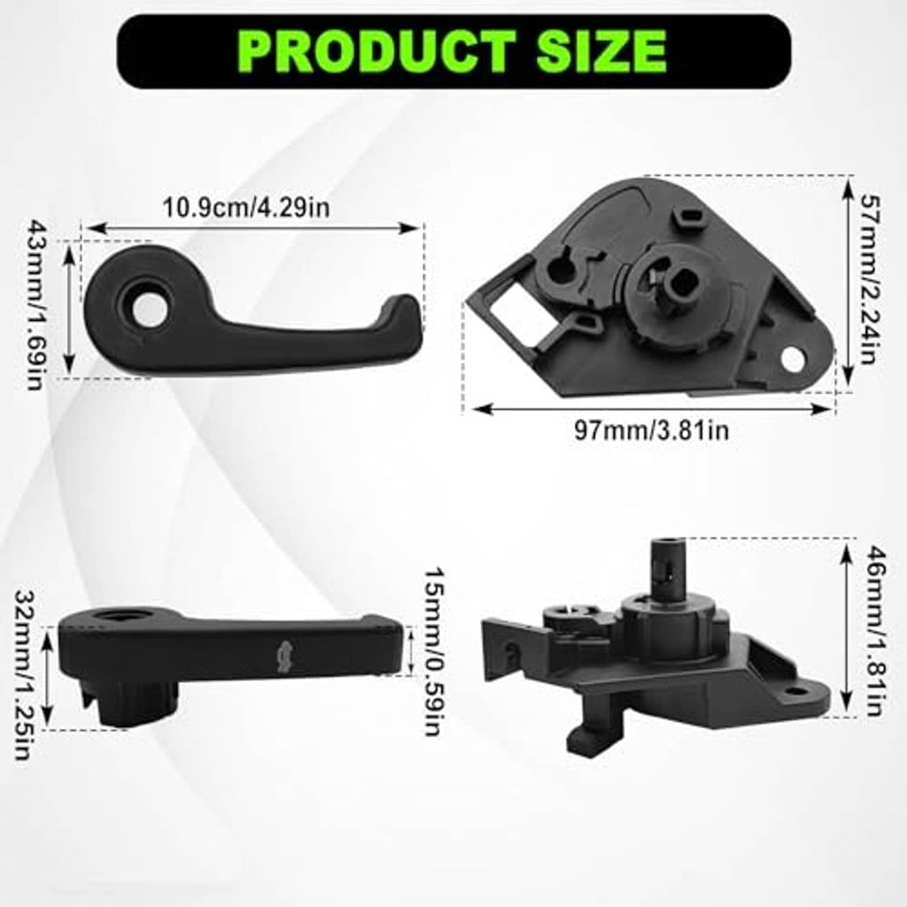 Black hood release handle and latch bracket with mounting holes, with size measurements