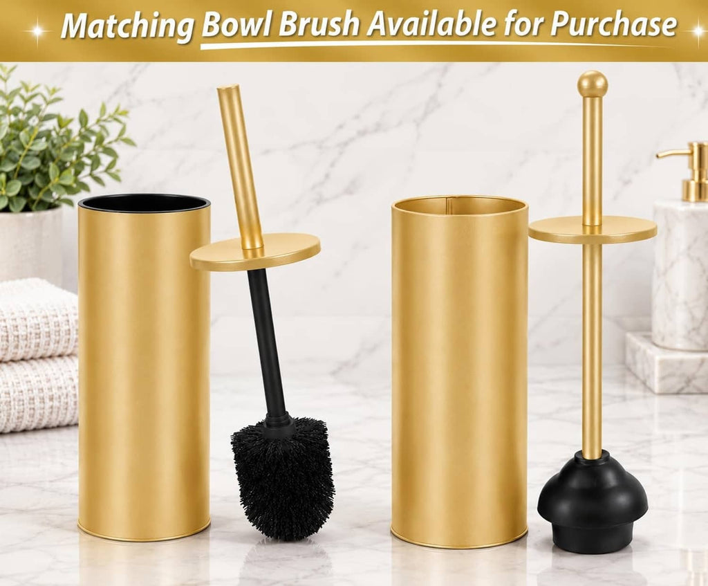 Gold toilet plunger with black rubber cup and gold holder