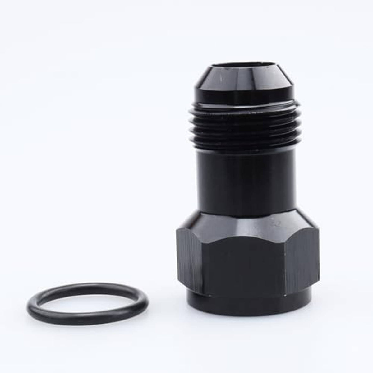 Black AN10 adapter fitting with O-ring seal, hex flats and threaded end
