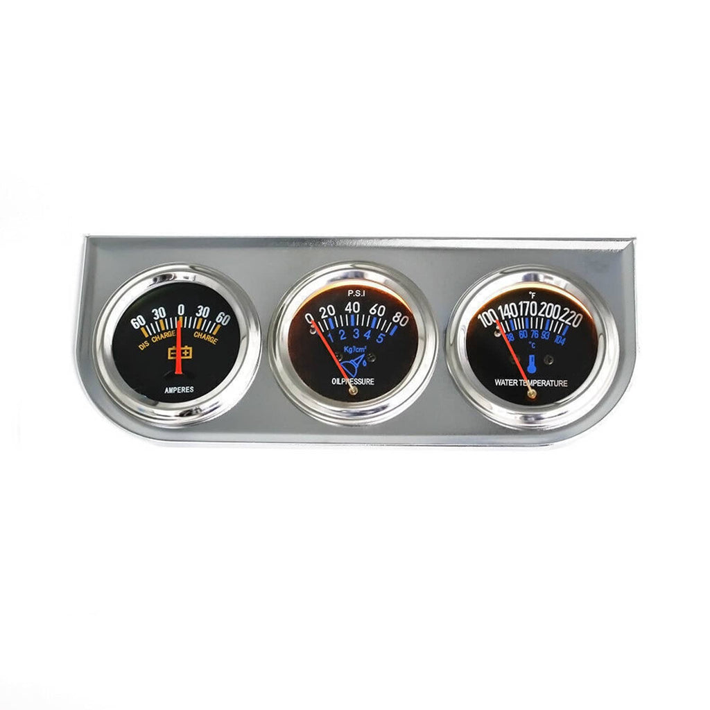 Triple car gauge cluster with chrome dials and colored needles