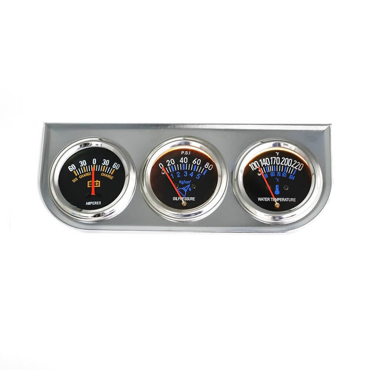 Triple car gauge cluster with chrome dials and colored needles