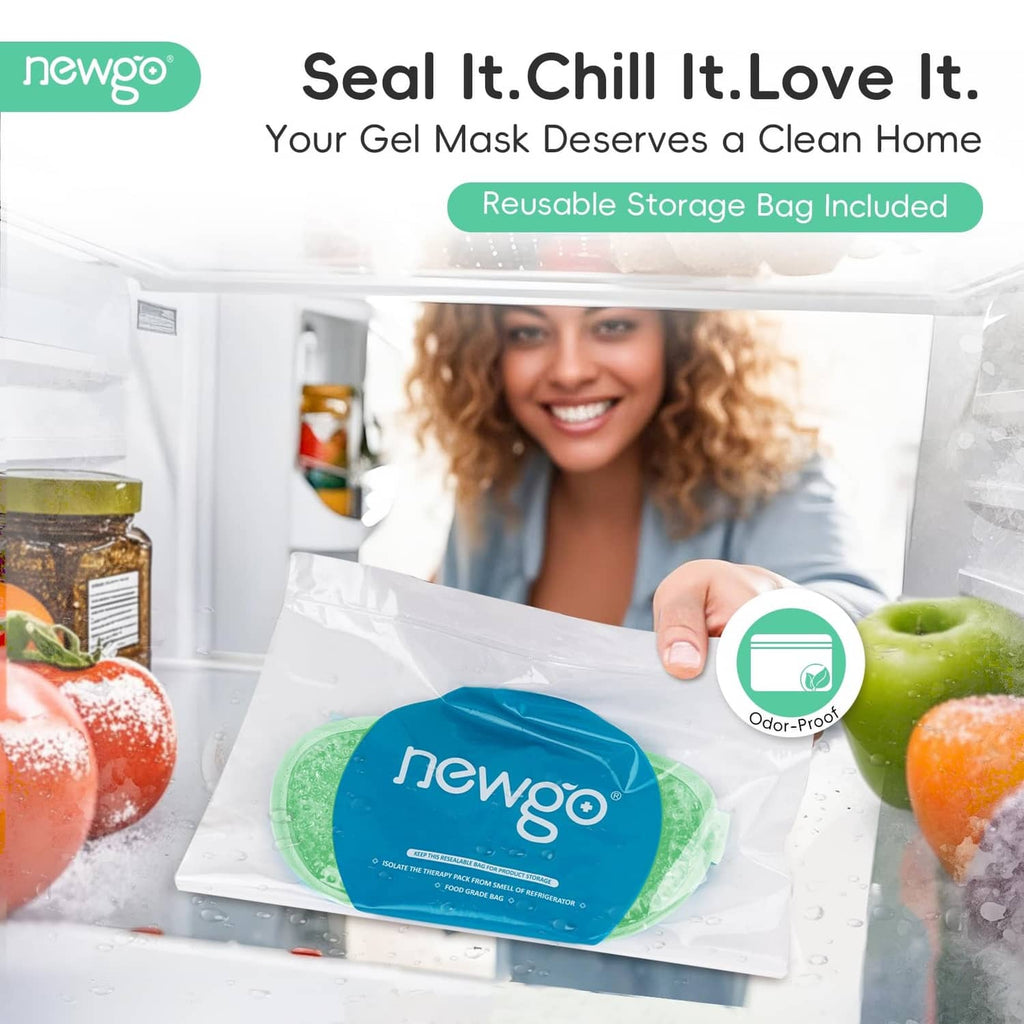 Reusable storage bag with newgo green gel eye mask, sealed and protected
