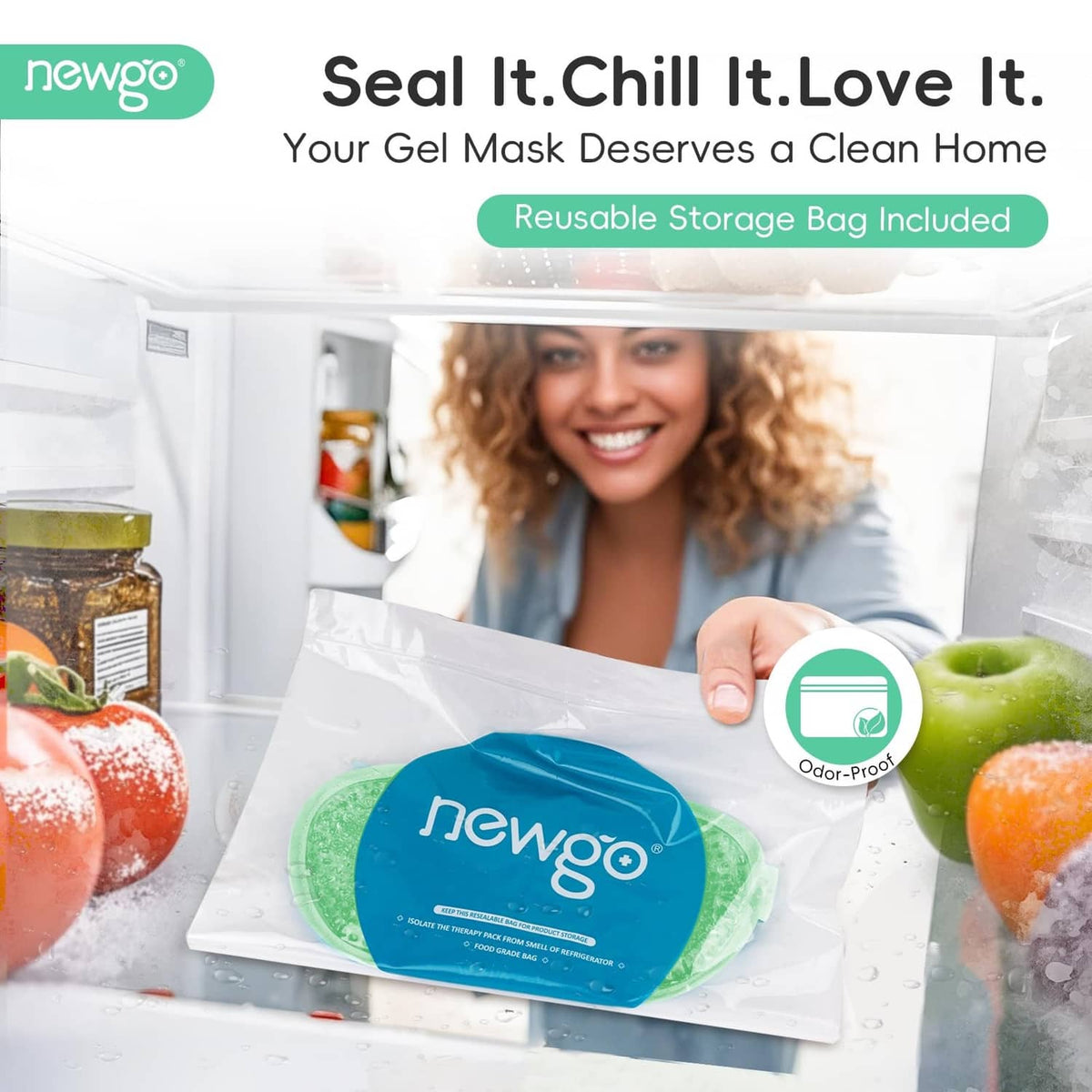 Reusable storage bag with newgo green gel eye mask, sealed and protected