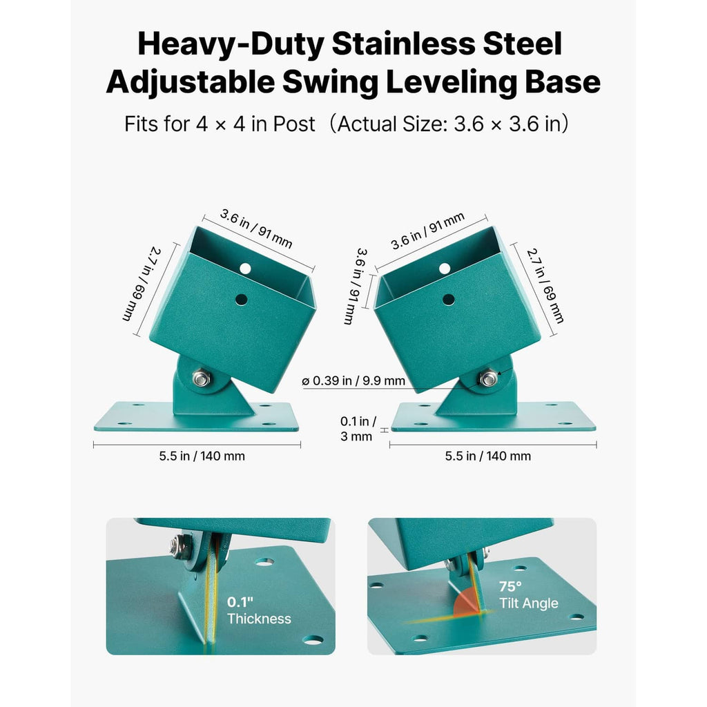 Teal adjustable swing set leveling base with plate, showing mounting dimensions and tilt angle