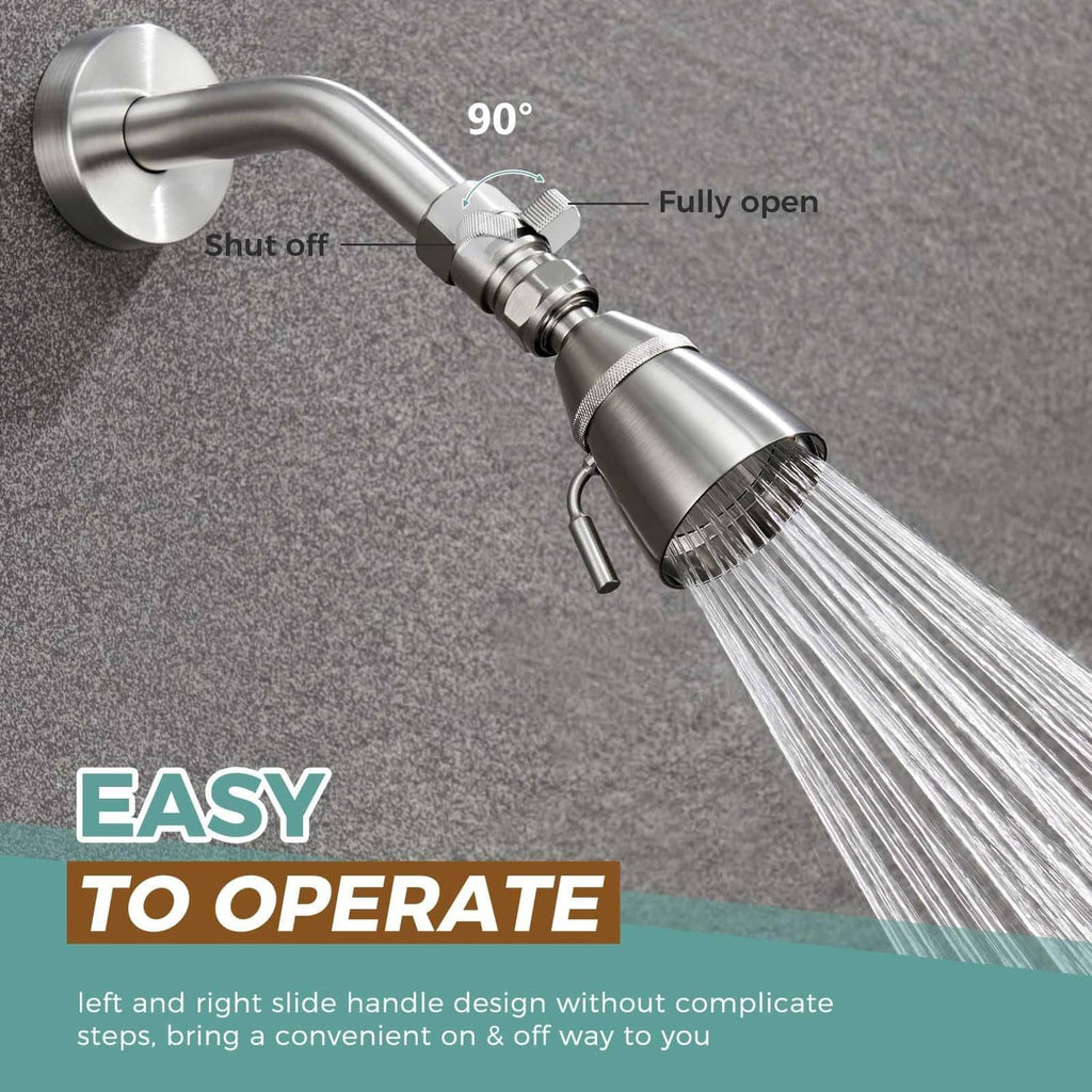 Brushed nickel shower shutoff valve with slide handle and angled hose outlet