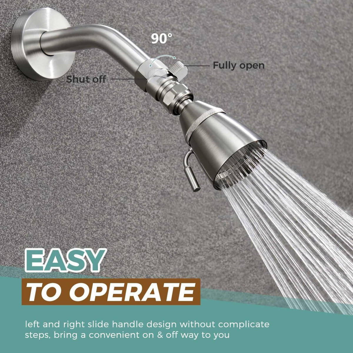 Brushed nickel shower shutoff valve with slide handle and angled hose outlet