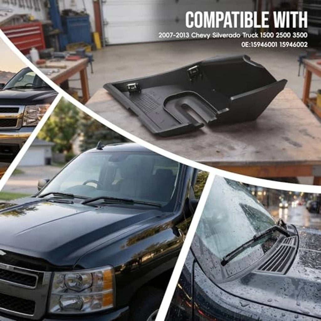 Windshield wiper cowl end panels placed near the wiper area on a pickup hood