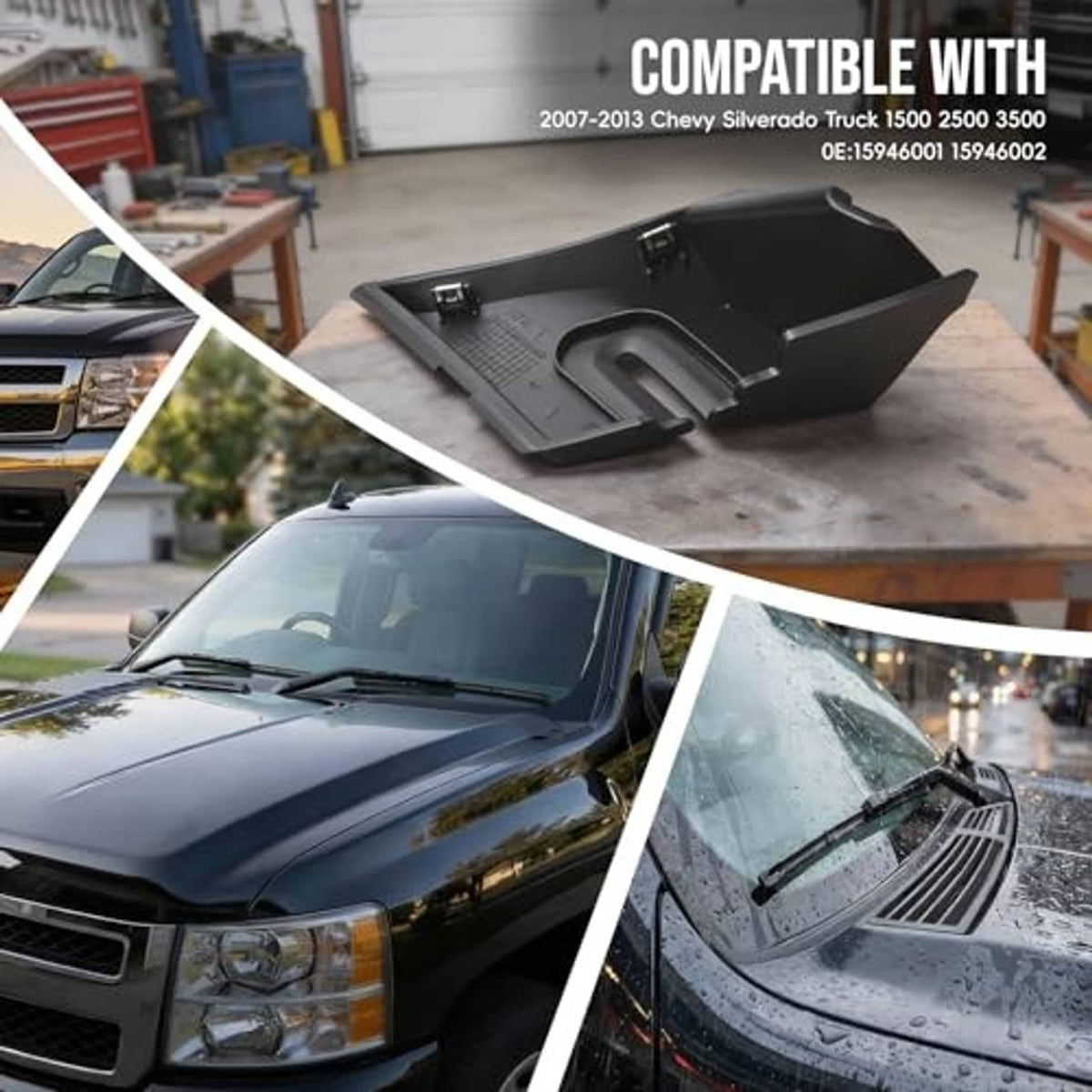 Windshield wiper cowl end panels placed near the wiper area on a pickup hood