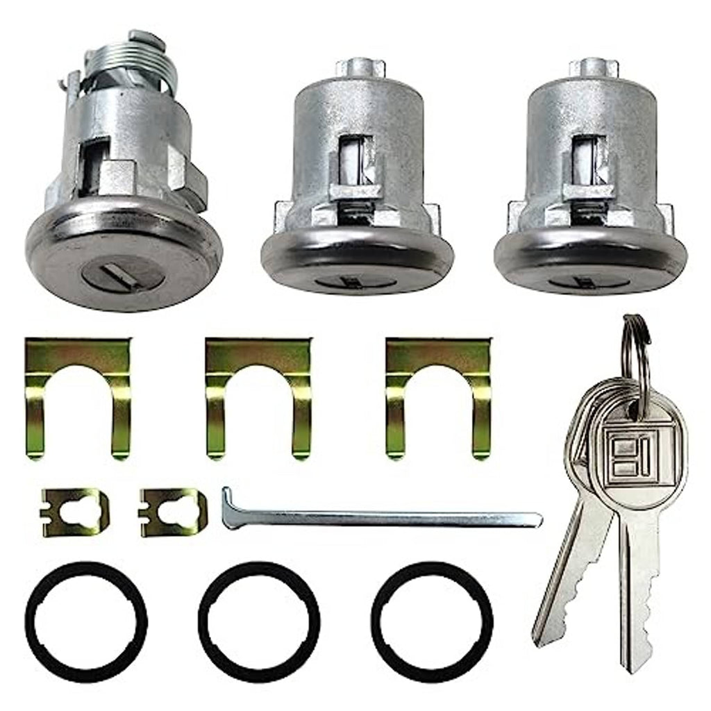 Door lock cylinder key set with three lock cylinders, spare parts, and key pair