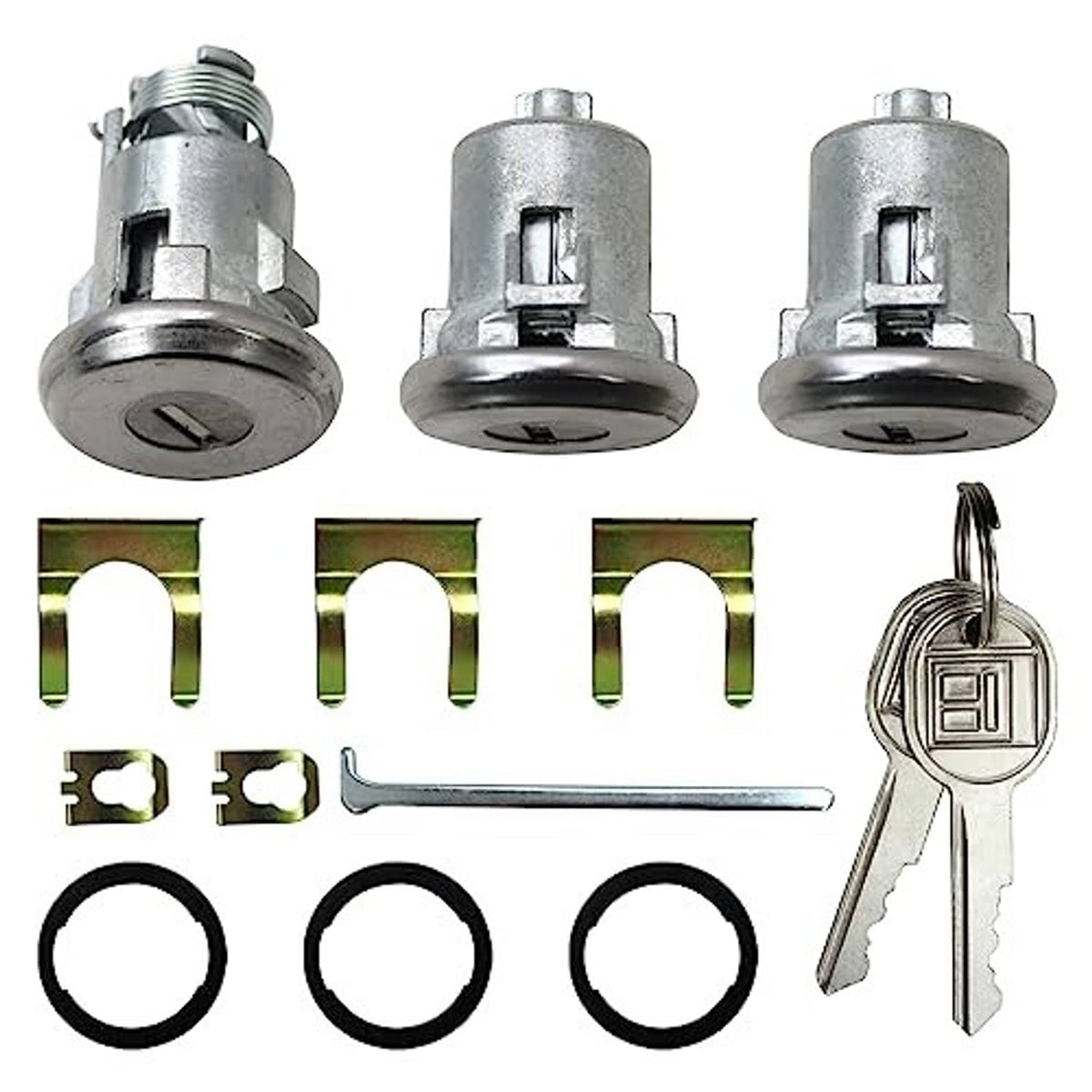 Door lock cylinder key set with three lock cylinders, spare parts, and key pair