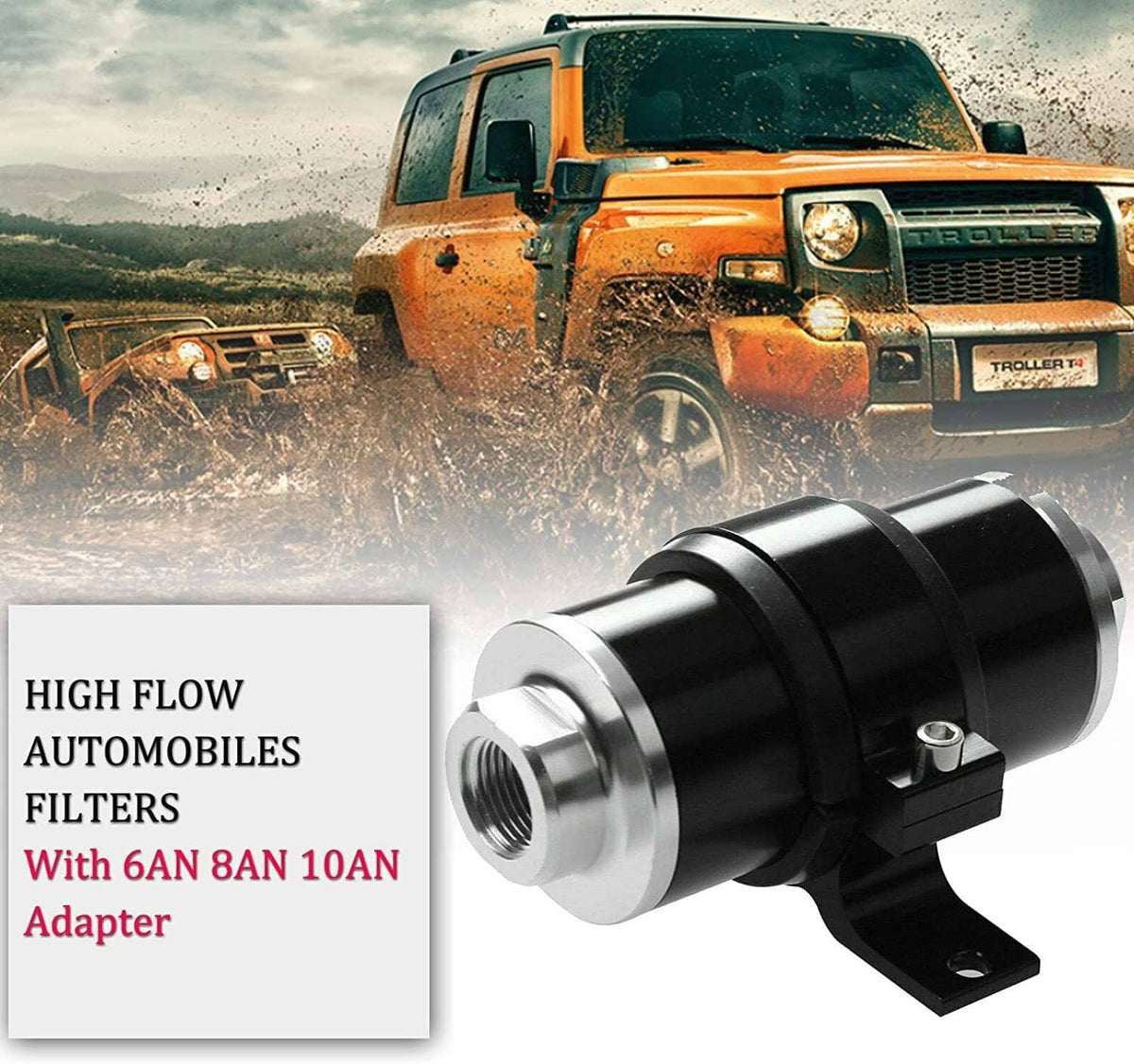 Inline fuel filter with black and silver design and mounting bracket for vehicles