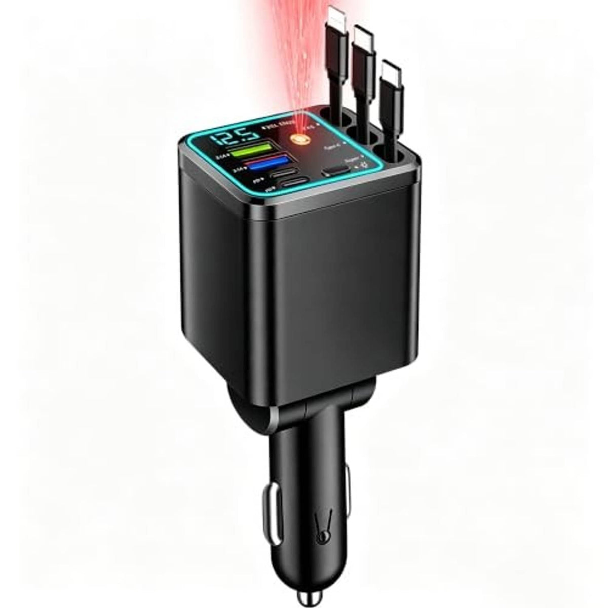 Retractable car charger with LED screen and multiple retracting connector ports, black