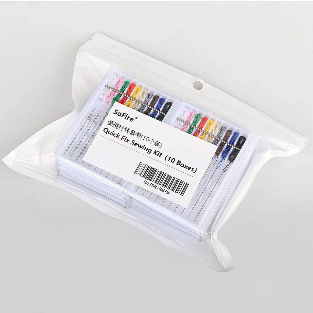 Packaged pre-threaded quick-fix sewing kit with multicolor thread needles in bag