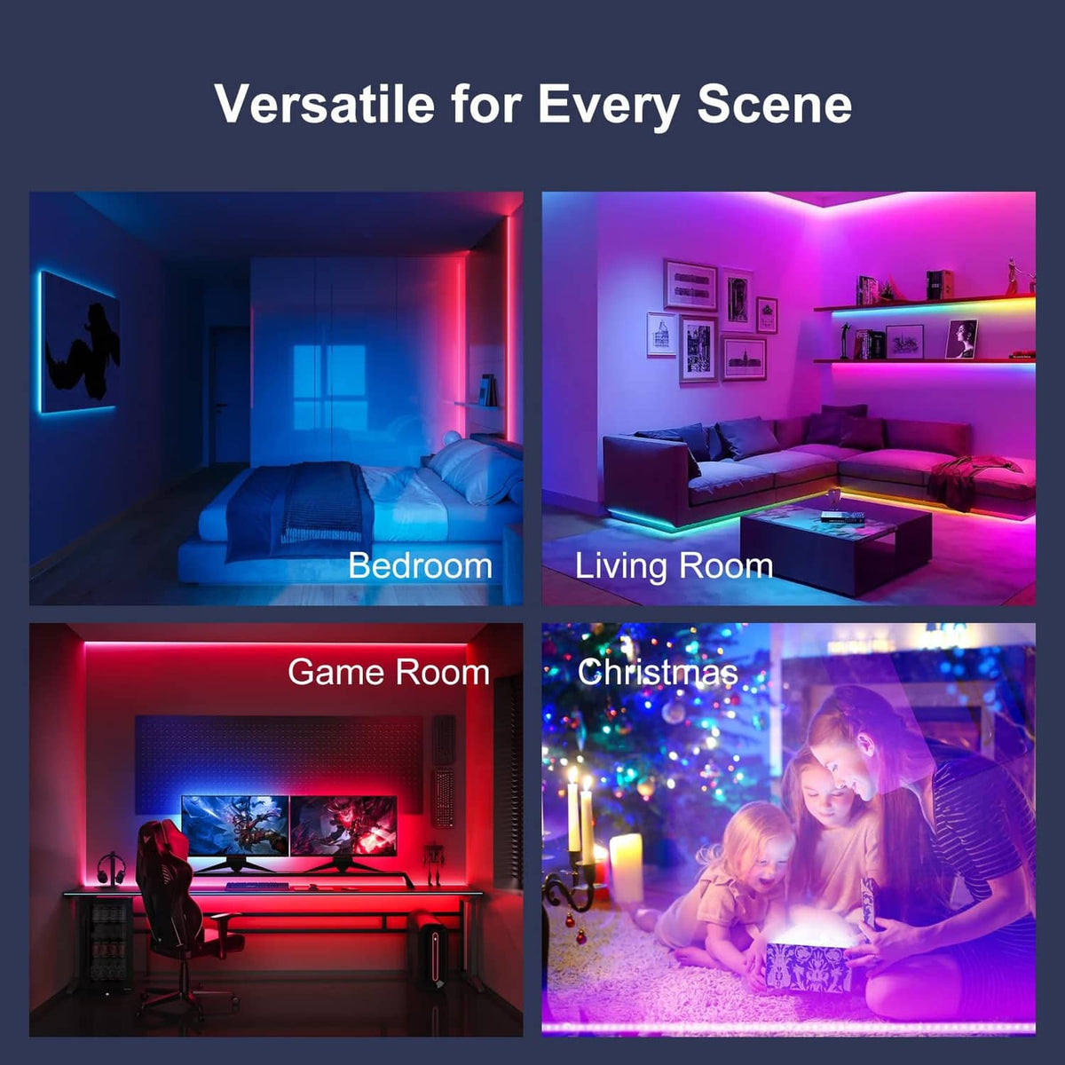 RGB LED strip lights for bedroom, living room, game room, and holiday scenes