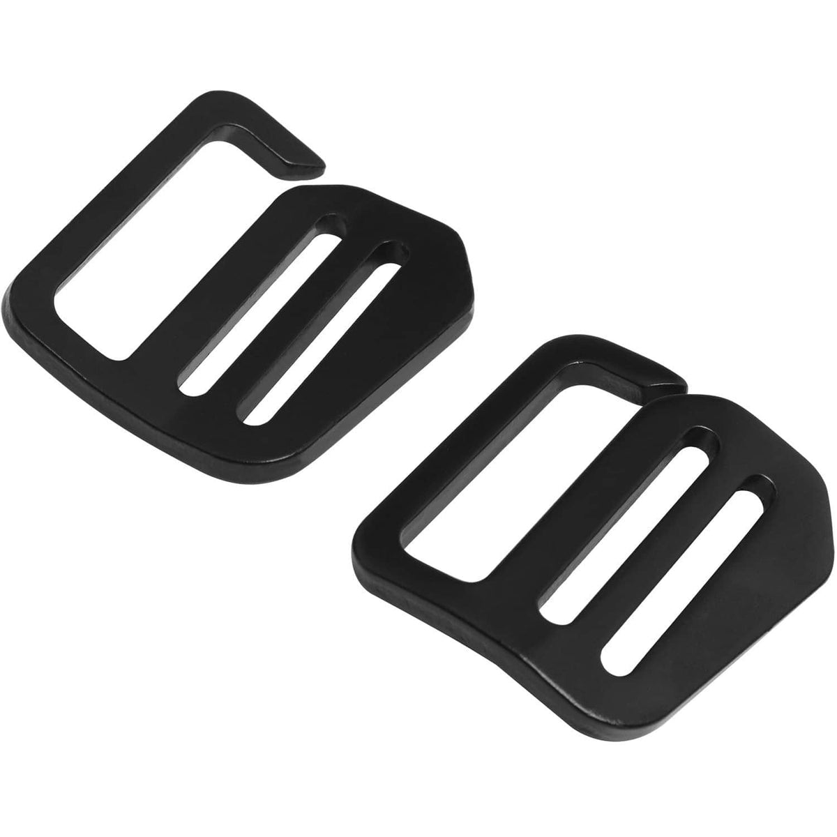 Two black wave button buckles with slotted openings, angled view