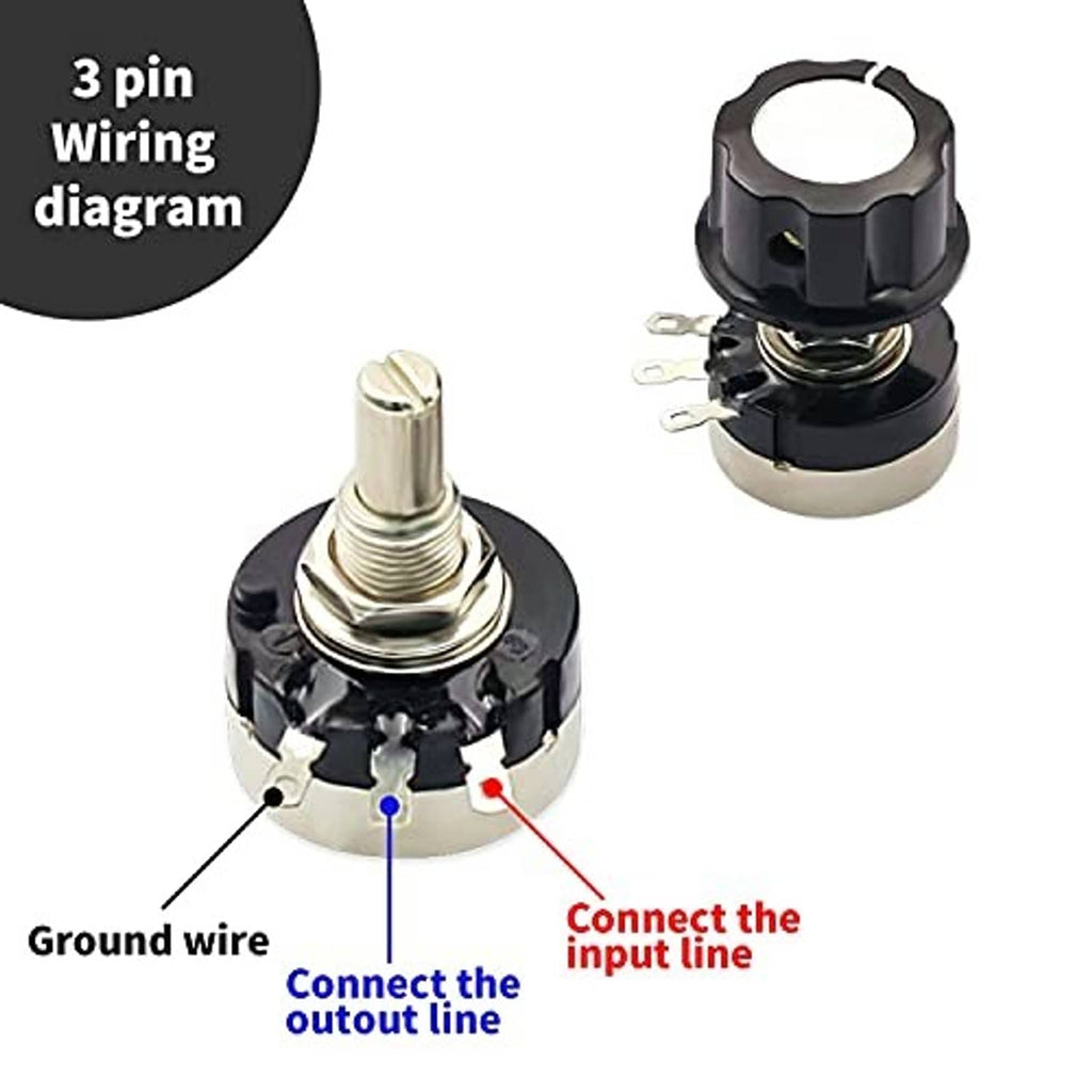 Rotary potentiometer with black knob and metal pins, 3-pin wiring connections diagram.