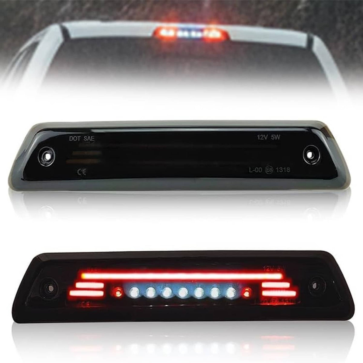LED third brake light with black casing and red bar plus white LED row