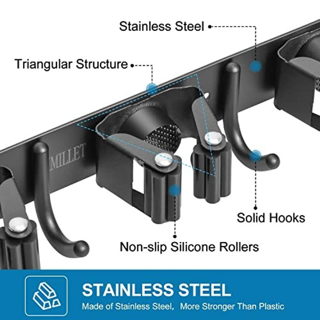 Stainless steel broom holder with triangular bar, solid hooks and non-slip silicone rollers