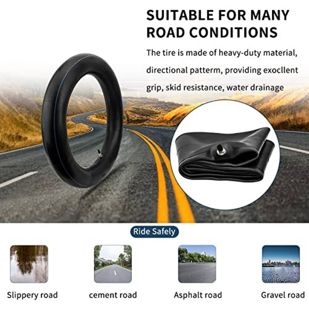 Black inner tube with straight valve stem and folded seam details