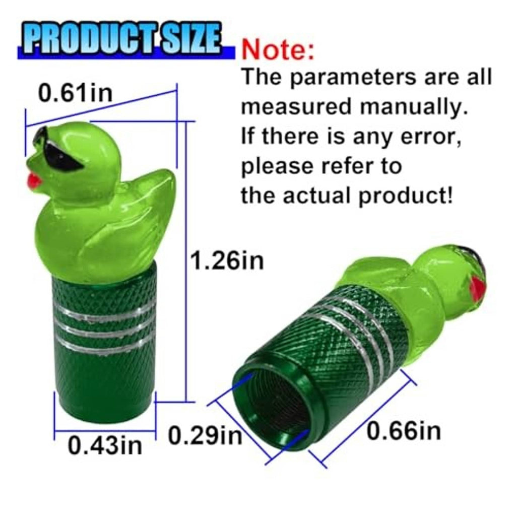 Green duck-shaped valve stem cap with ridged threaded body and black inner opening