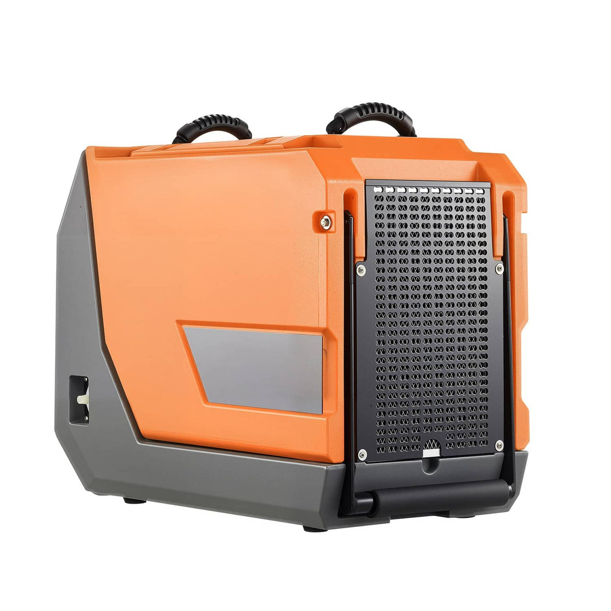 Front view of orange-gray dehumidifier with pump, cooling grille and carry handle